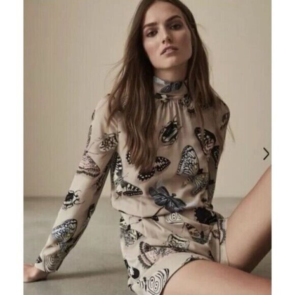 Reiss Women's Size 2 Gail Playsuit Butterfly Pleat Short Romper Tan Pockets NWT - Picture 1 of 16